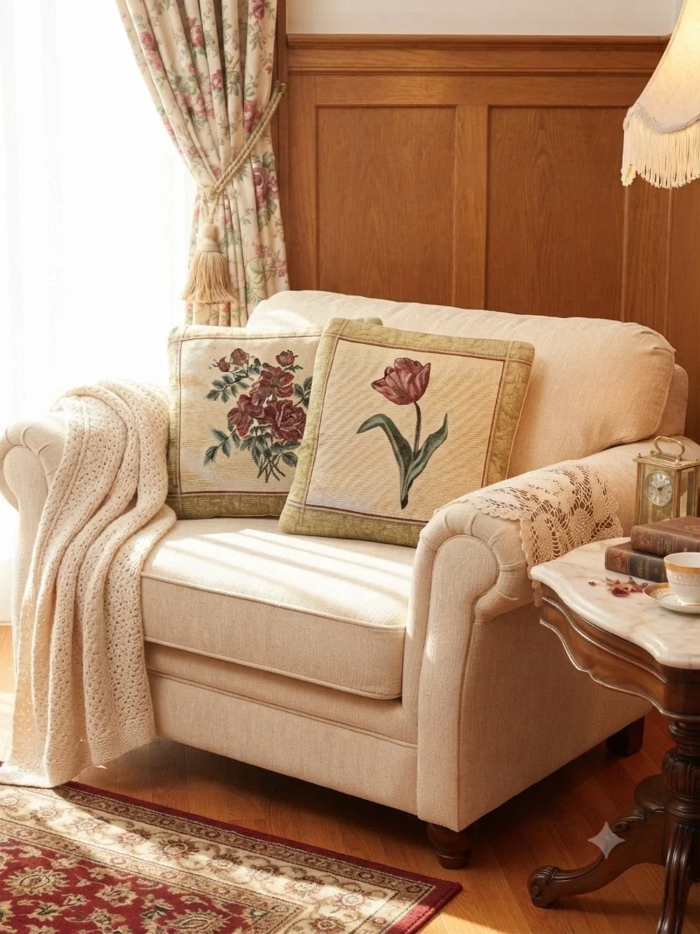 Vintage Floral Tapestry Pillow Cases - Red & Green Flowers on Cream